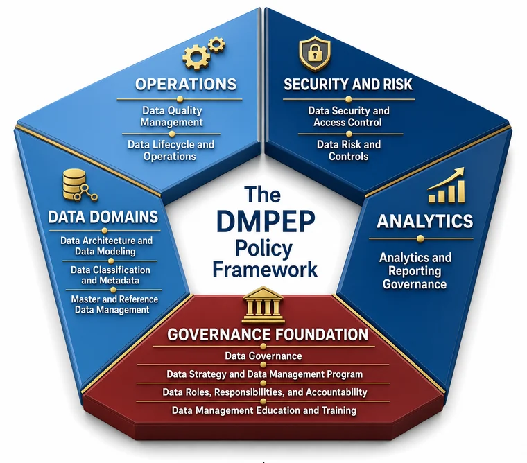 The DMPEP Policy Framework: 12 data management policies grouped into Governance Foundation, Data Domains, Operations, Security and Risk, and Analytics.